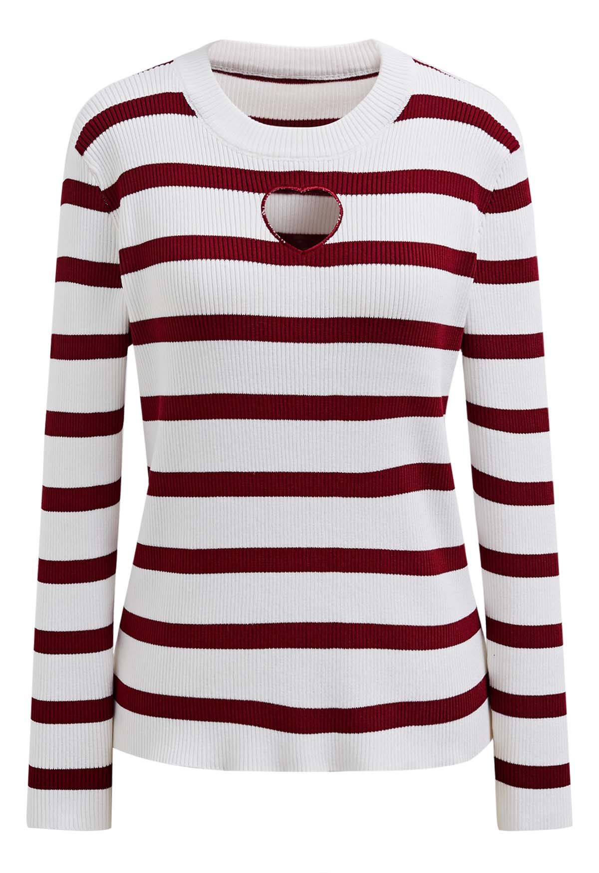 Heart Cut Out Stripe Knit Top in Red