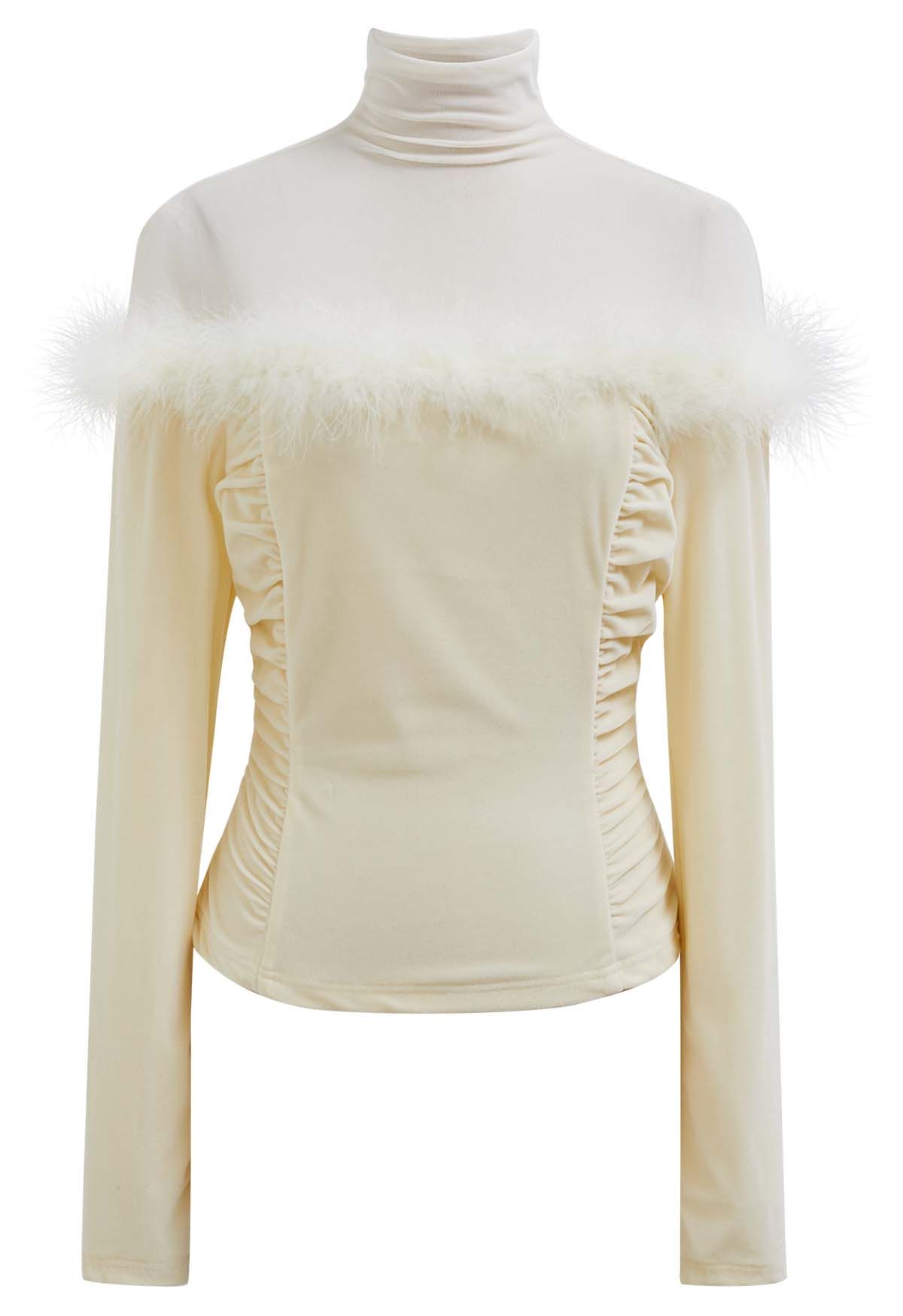 Feather Trim Mesh Spliced Velvet Top in Cream