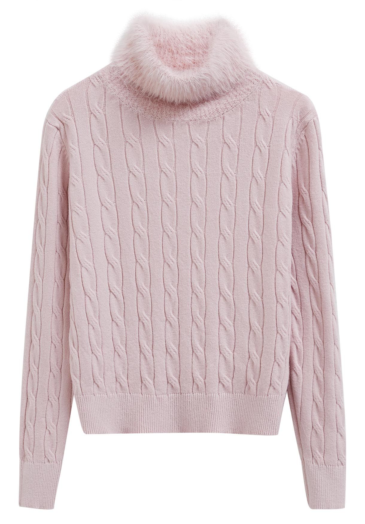 Soft Fuzzy Turtleneck Cable Knit Sweater in Pink