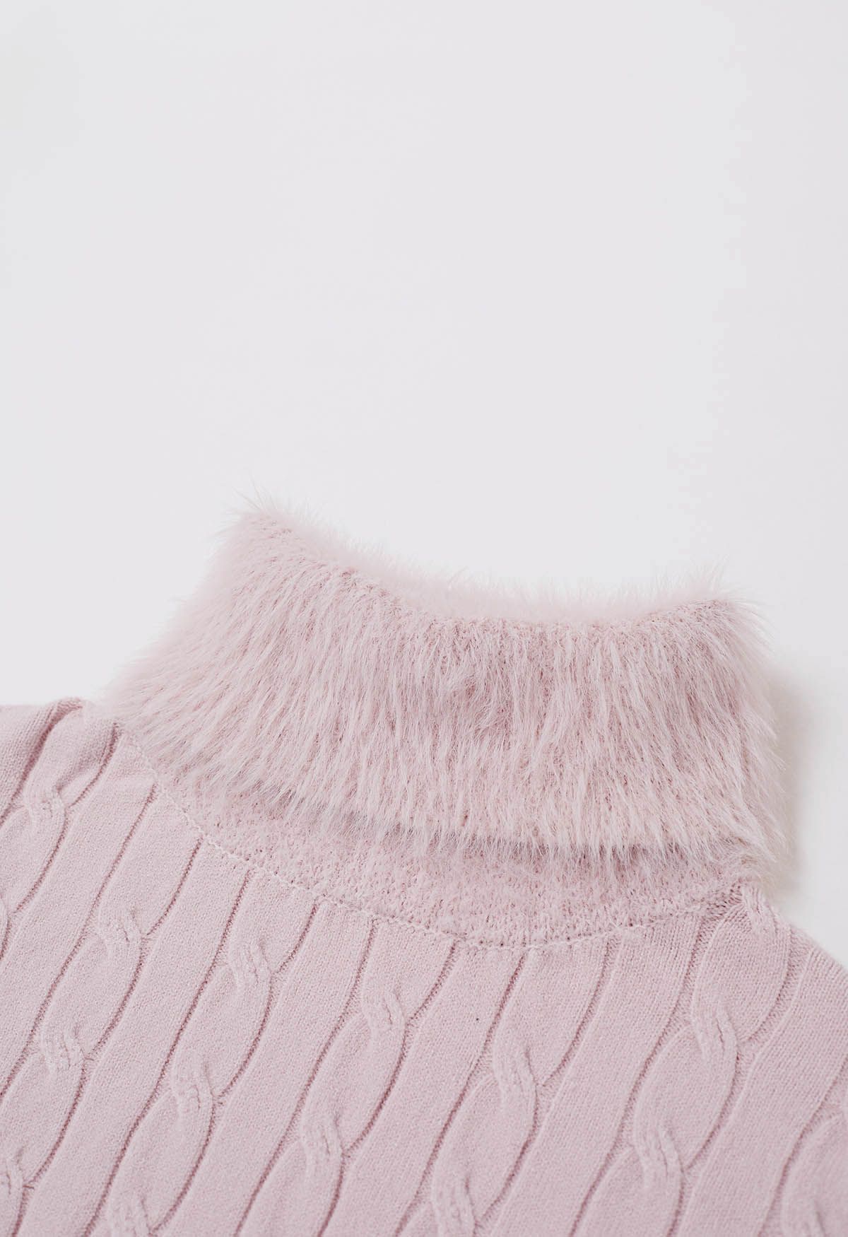 Soft Fuzzy Turtleneck Cable Knit Sweater in Pink