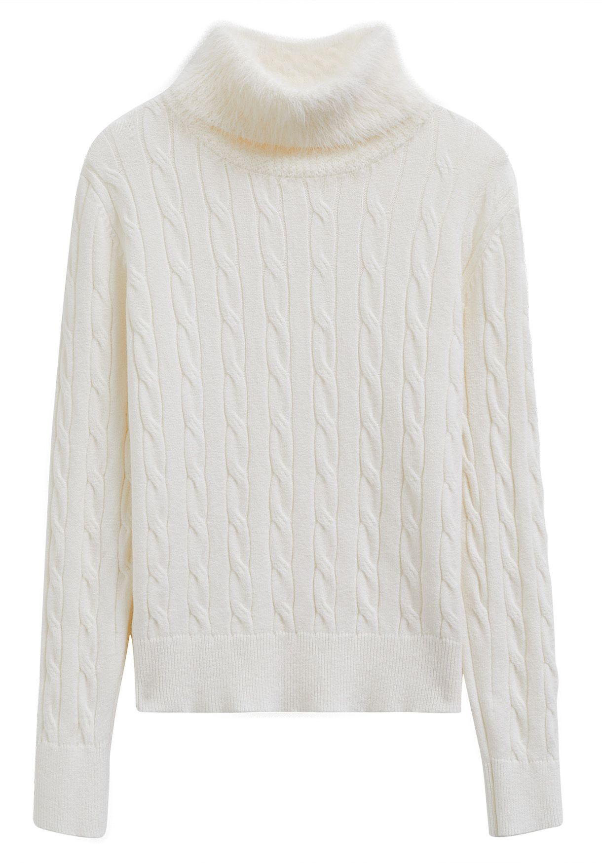 Soft Fuzzy Turtleneck Cable Knit Sweater in Cream