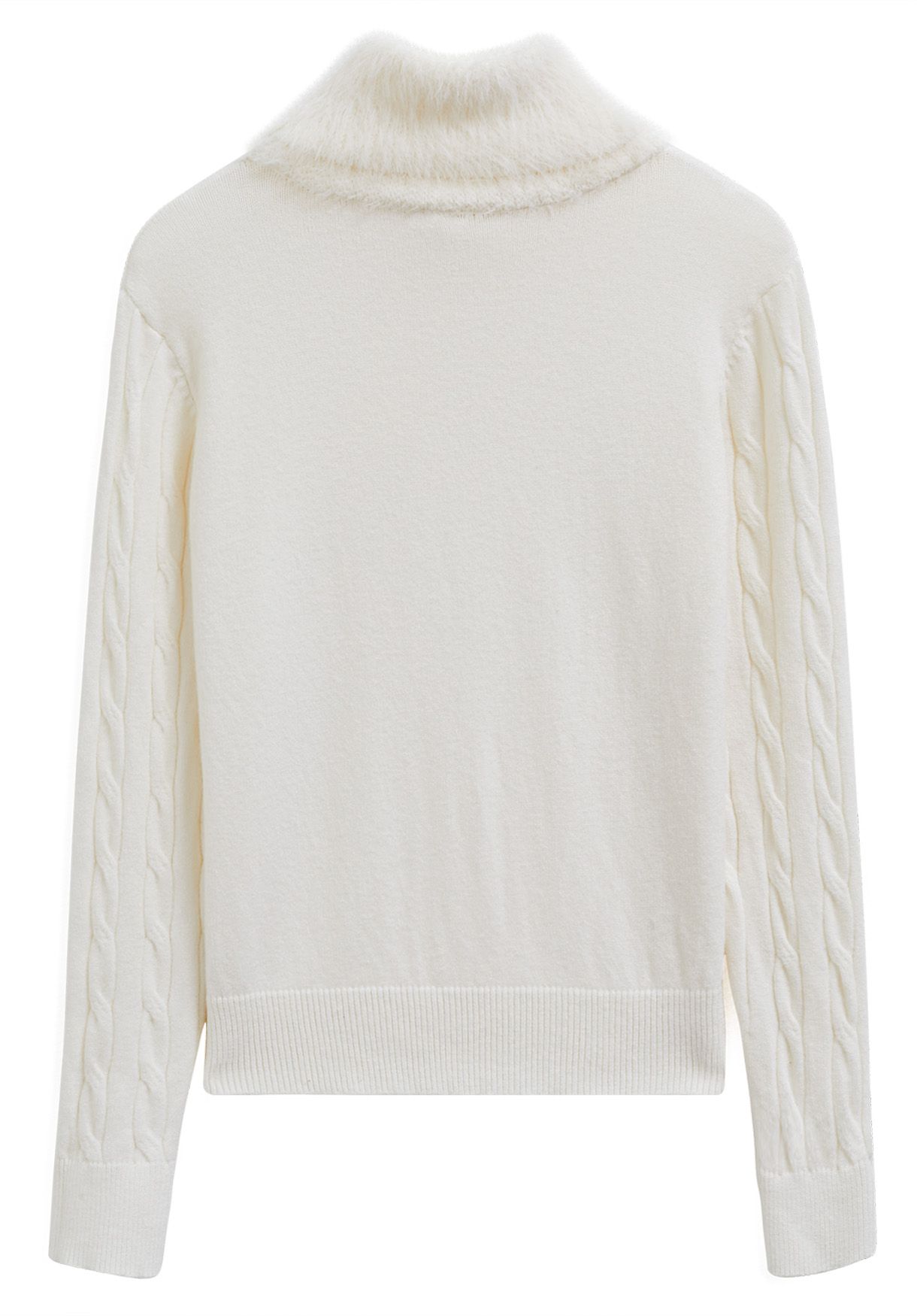 Soft Fuzzy Turtleneck Cable Knit Sweater in Cream