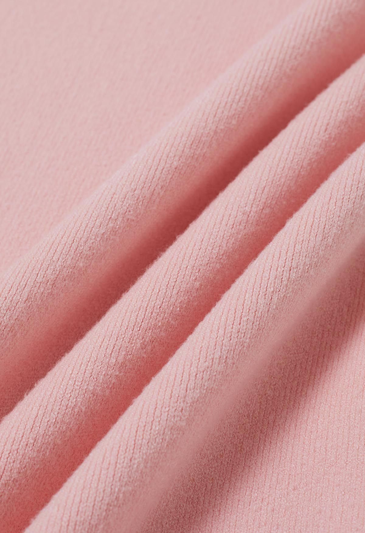 Pearl Embellished Slit Hem Knit Pencil Skirt in Light Pink