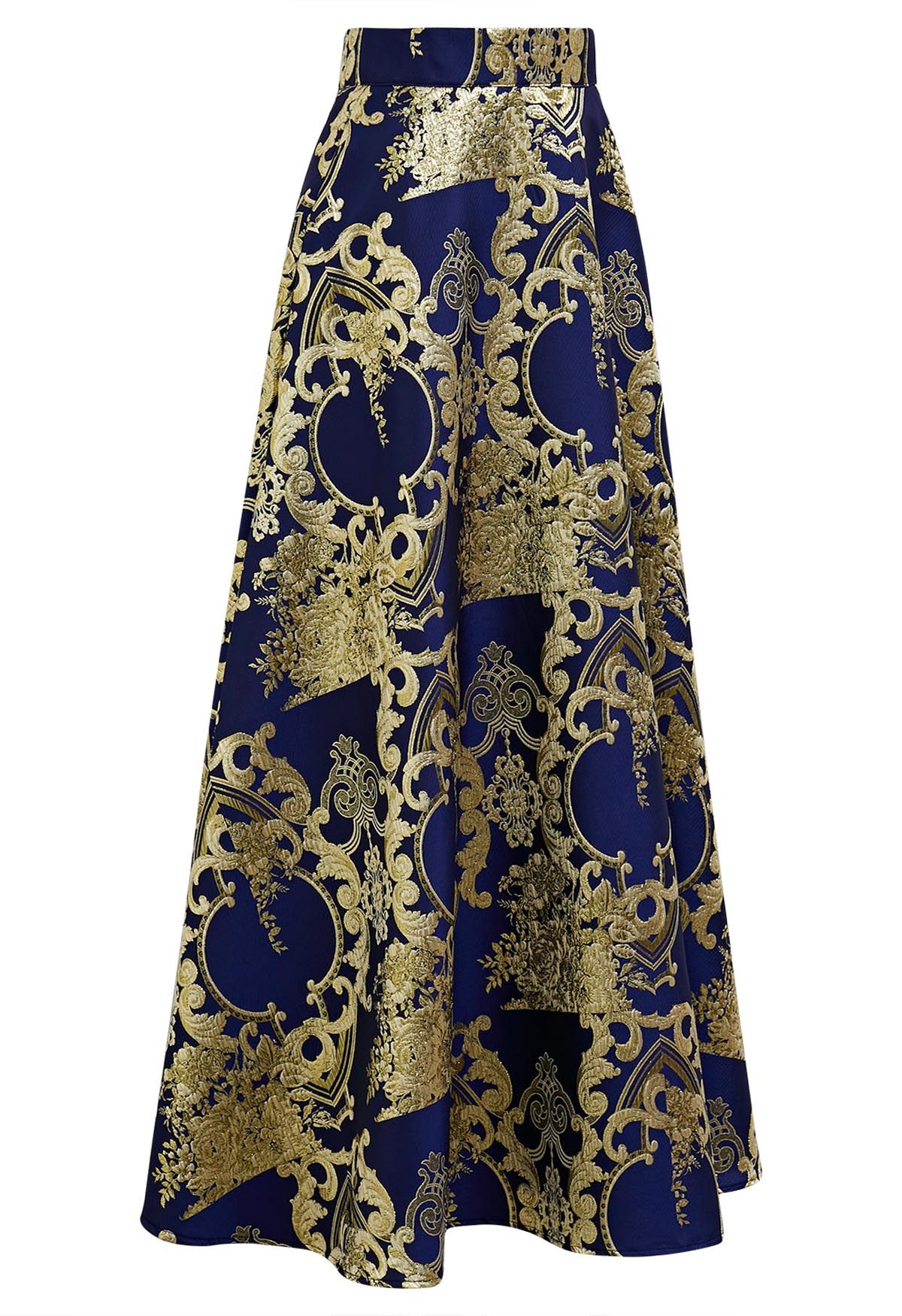 Glamorous Metallic Thread Baroque Jacquard Maxi Skirt in Navy