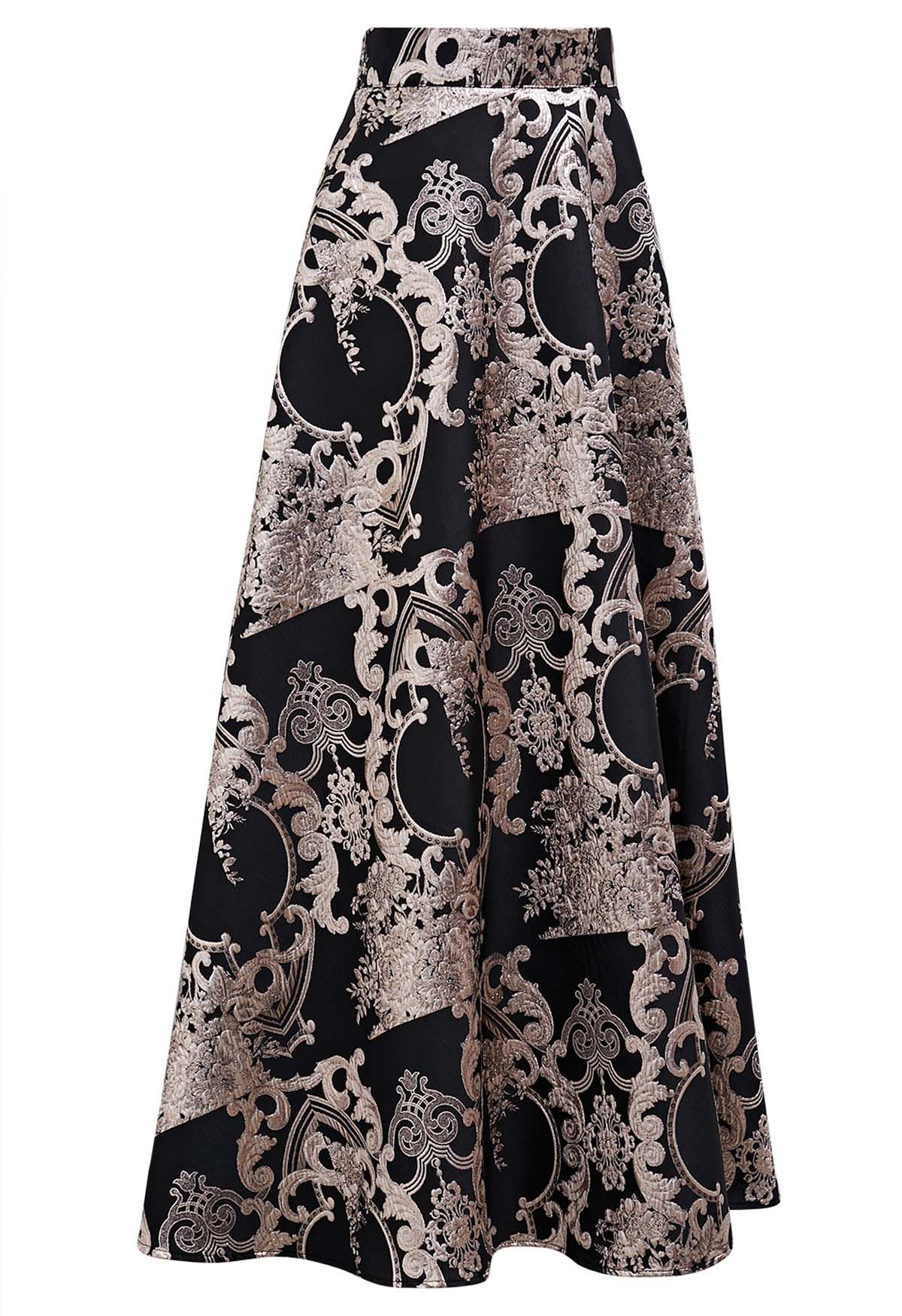 Glamorous Metallic Thread Baroque Jacquard Maxi Skirt in Black