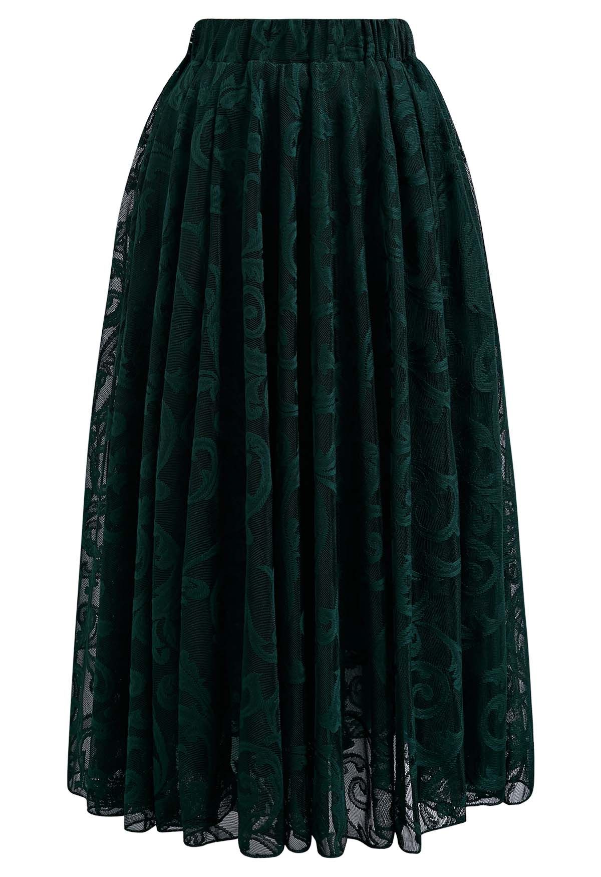 Sophisticated Floral Mesh Tulle Midi Skirt in Dark Green