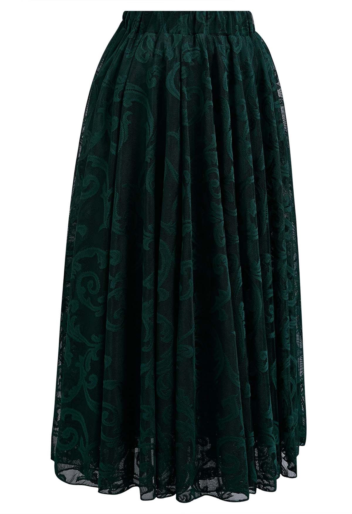 Sophisticated Floral Mesh Tulle Midi Skirt in Dark Green