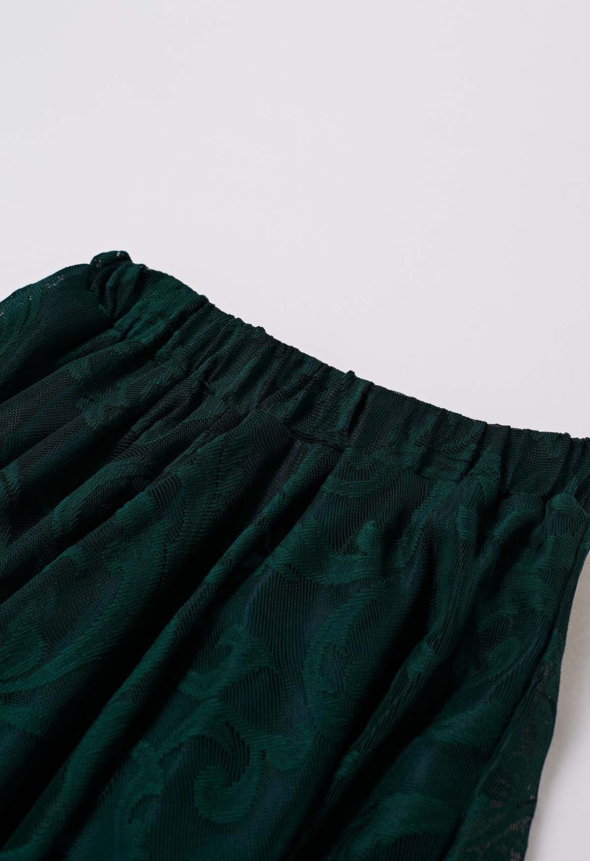 Sophisticated Floral Mesh Tulle Midi Skirt in Dark Green