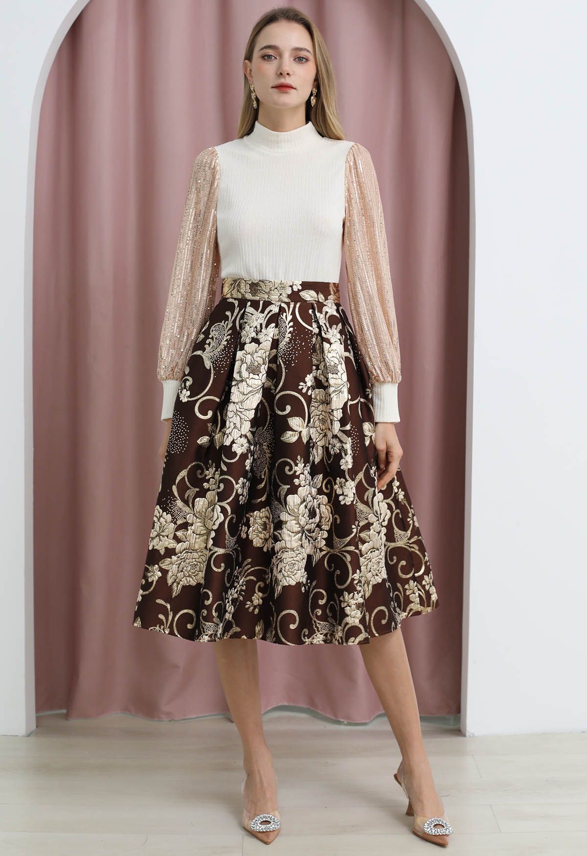Florescent Jacquard A-Line Pleated Midi Skirt in Brown