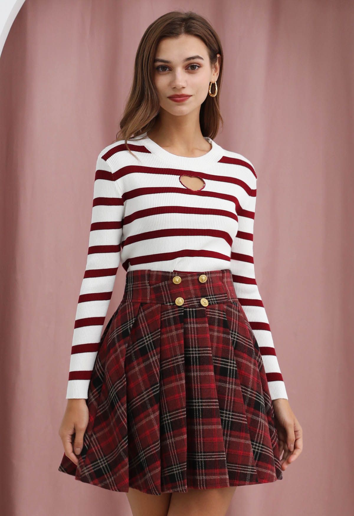 Heart Cut Out Stripe Knit Top in Red