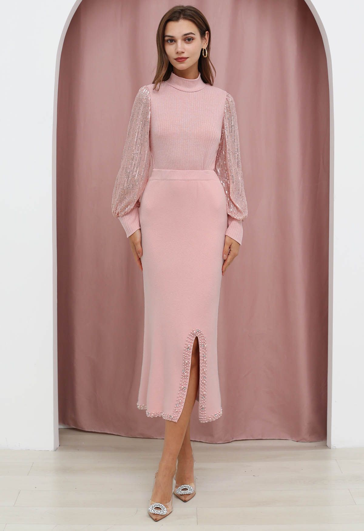 Pearl Embellished Slit Hem Knit Pencil Skirt in Light Pink