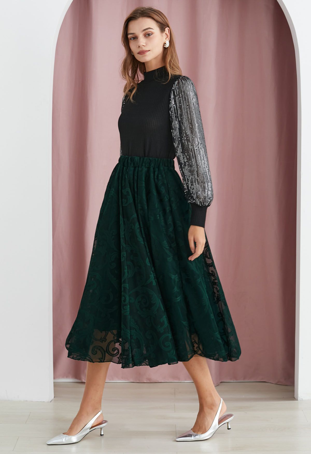 Sophisticated Floral Mesh Tulle Midi Skirt in Dark Green