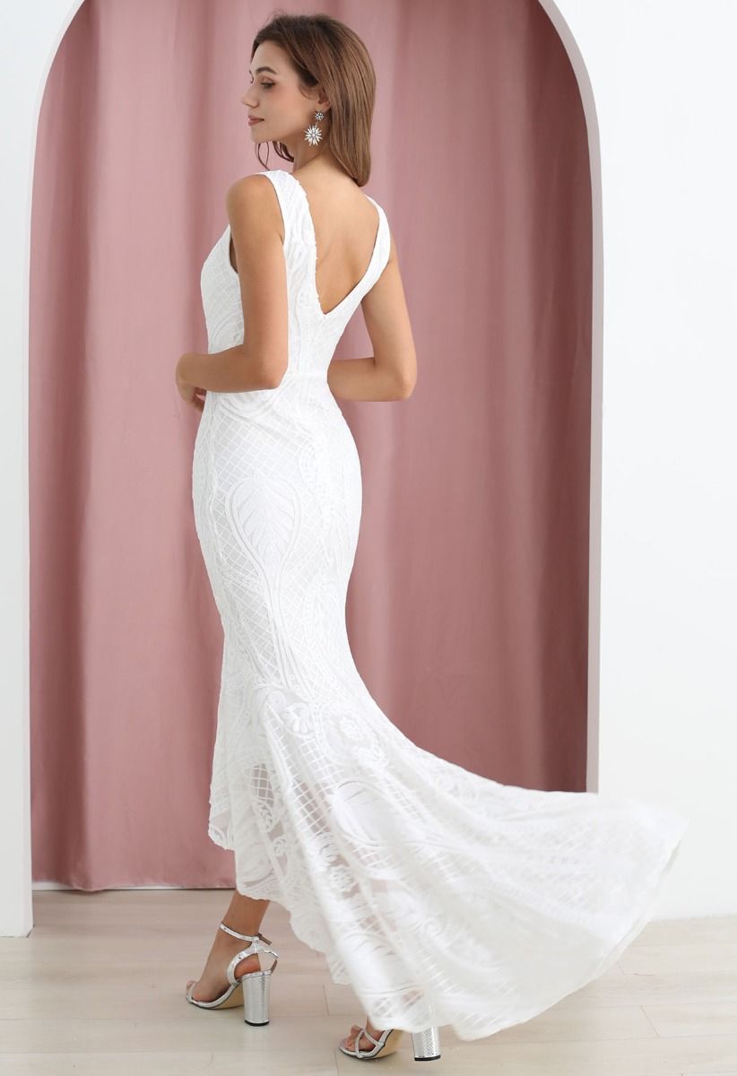 V-Neck Sequined Sleeveless Mermaid Gown in White