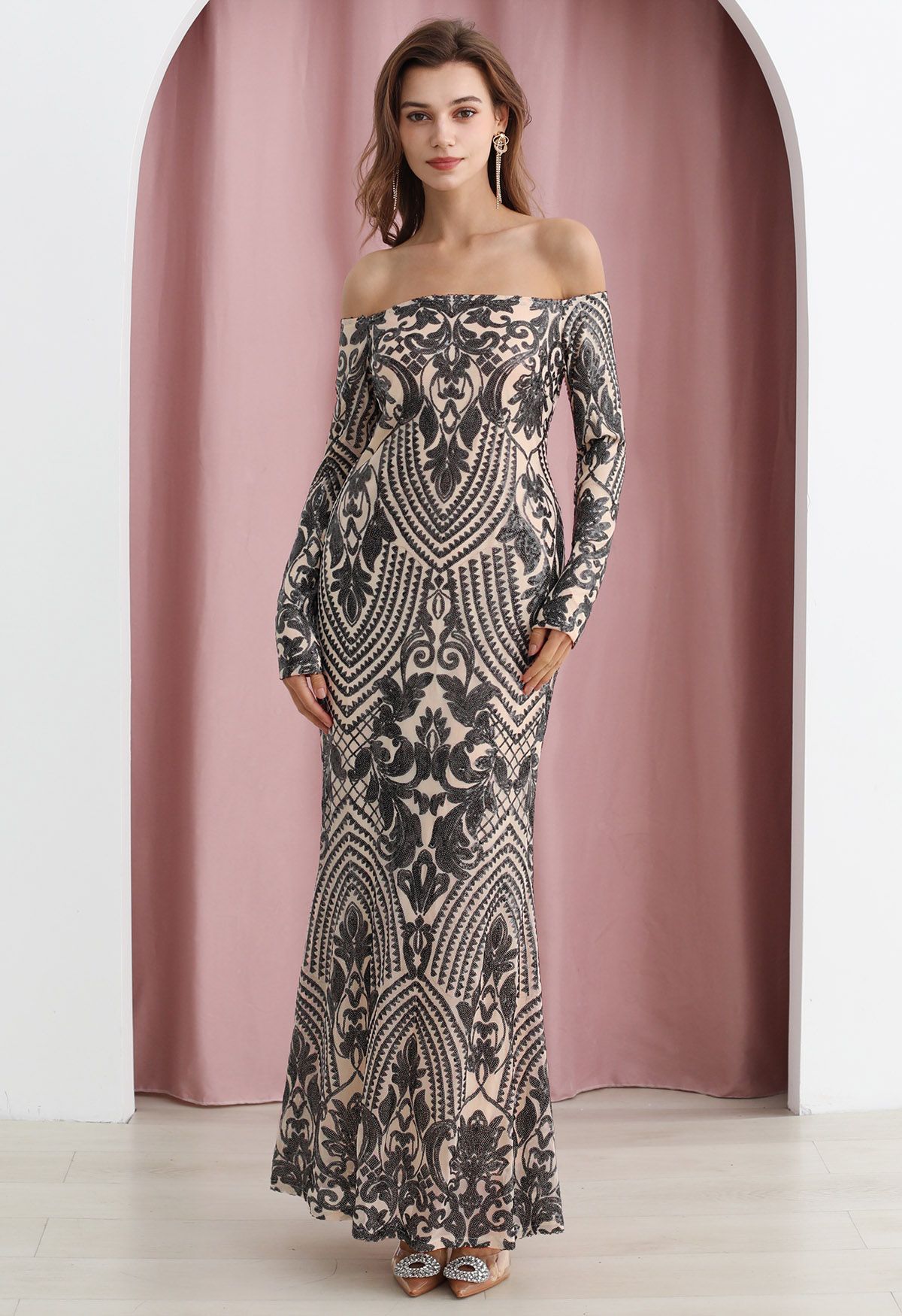 Baroque Off-Shoulder Sequined Maxi Gown