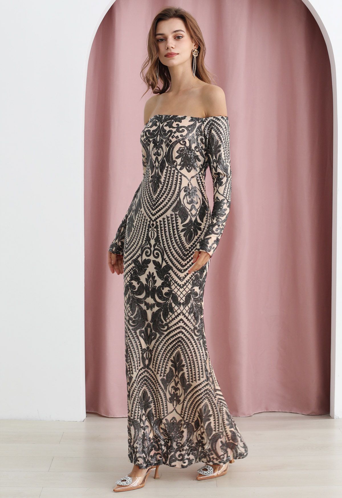 Baroque Off-Shoulder Sequined Maxi Gown