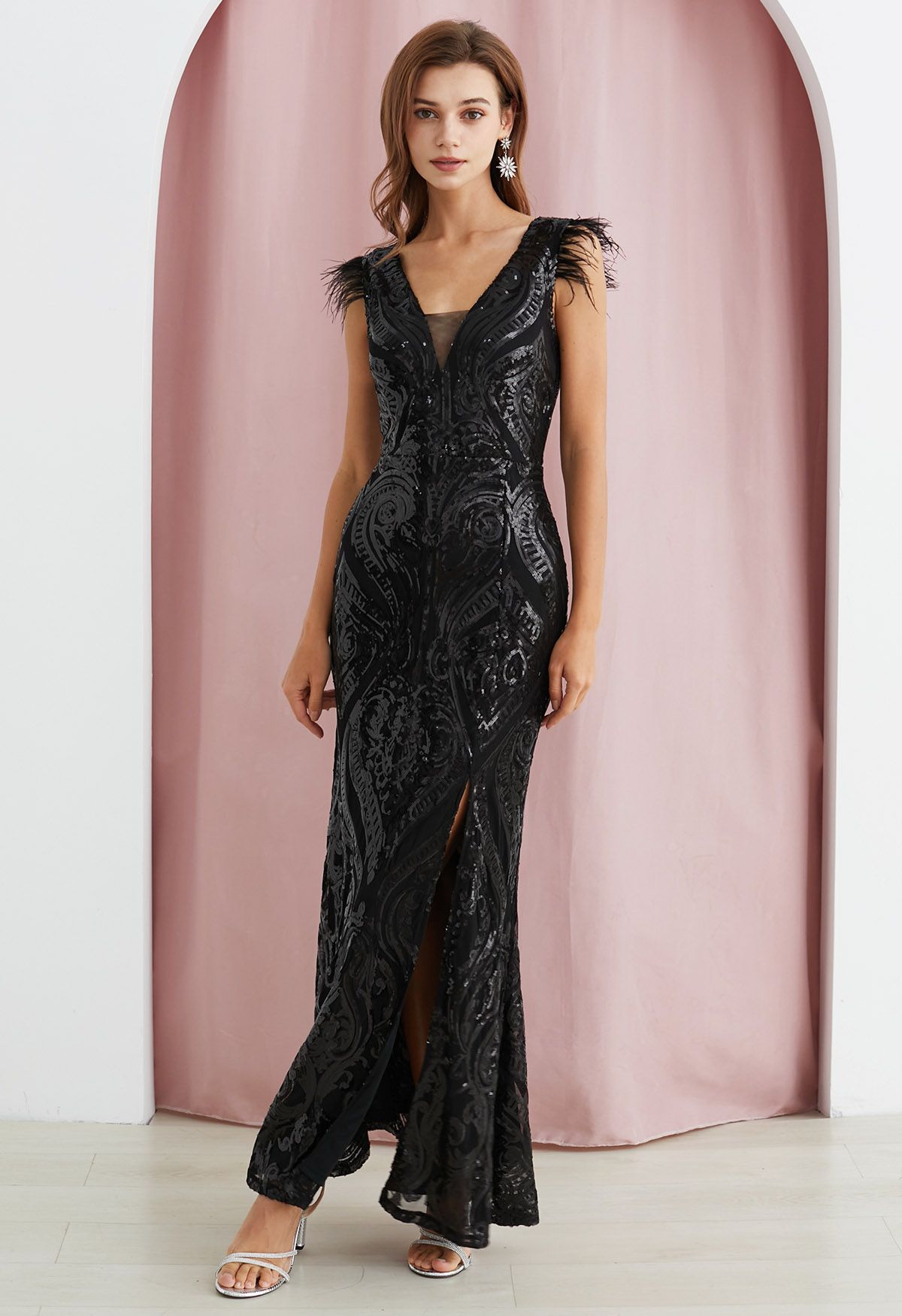 Feather Trim Sequin Mesh V-Neck Slit Gown