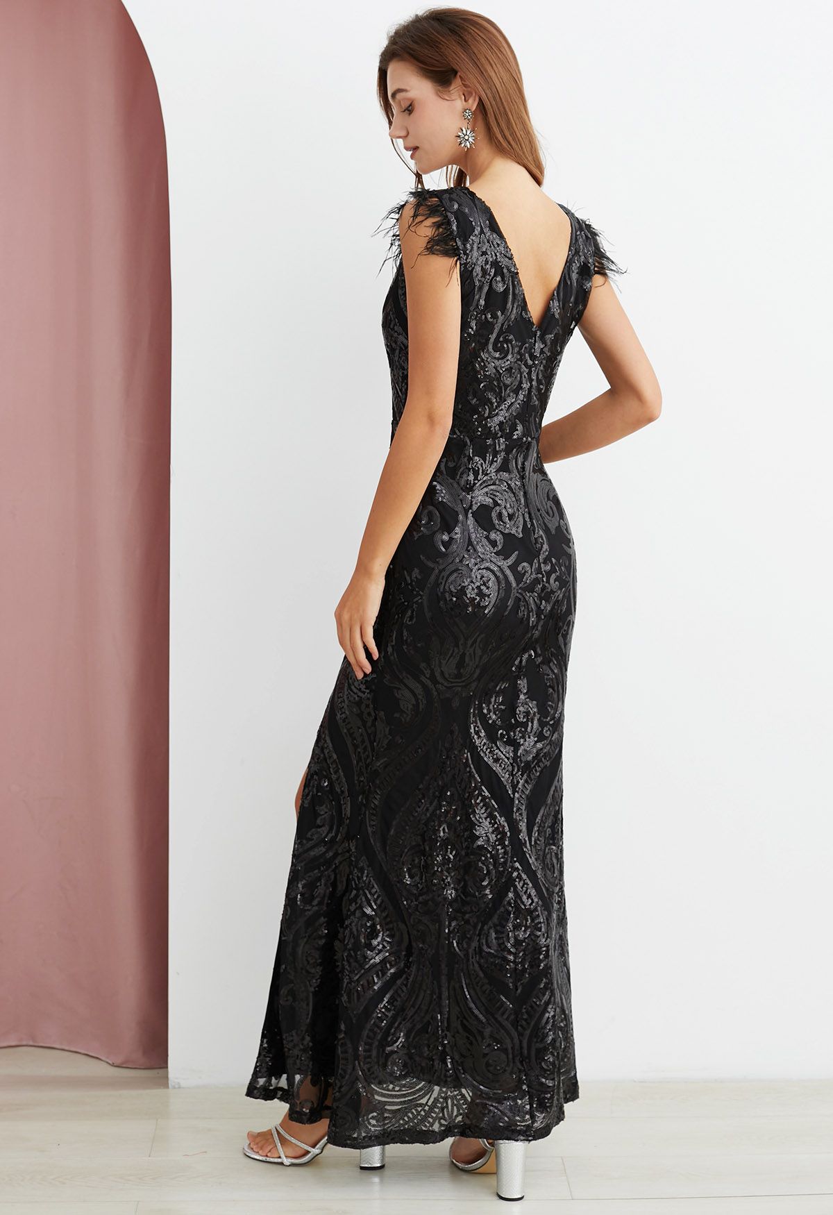 Feather Trim Sequin Mesh V-Neck Slit Gown