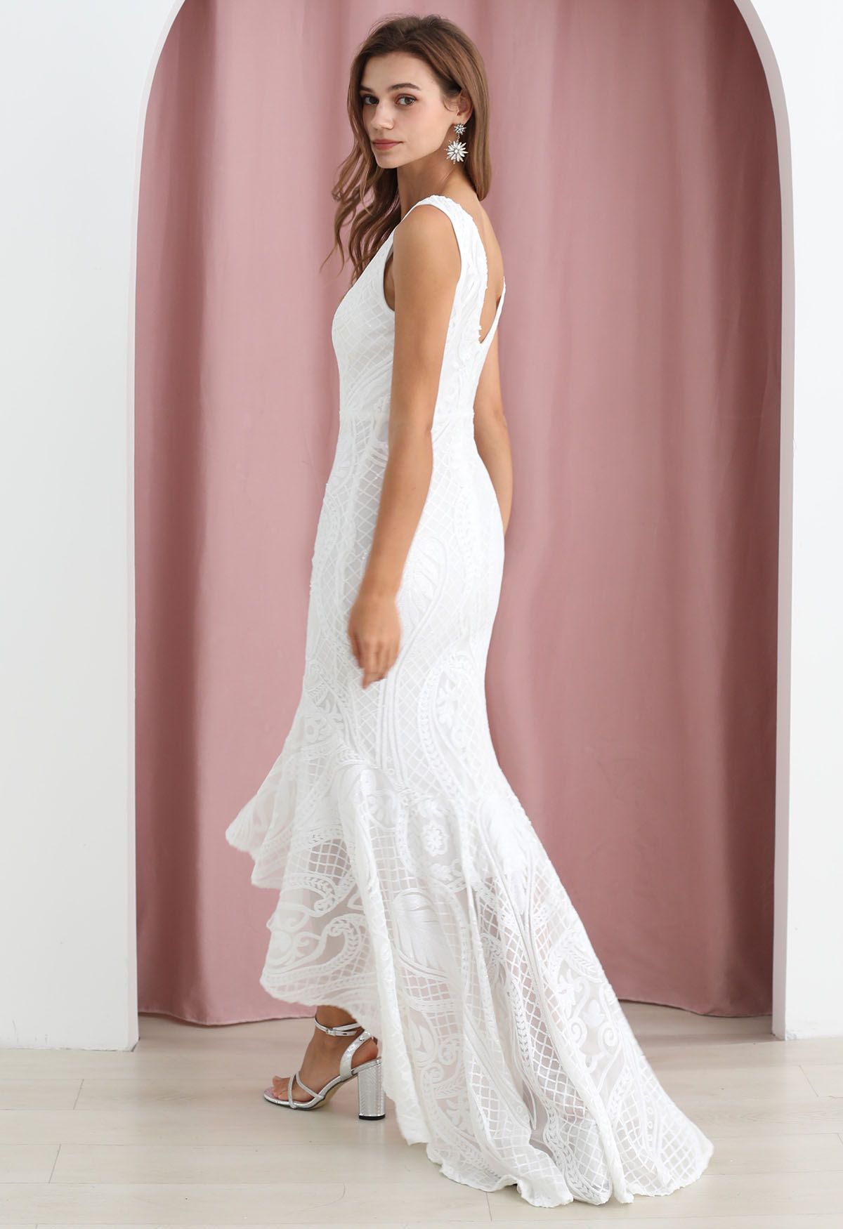 V-Neck Sequined Sleeveless Mermaid Gown in White