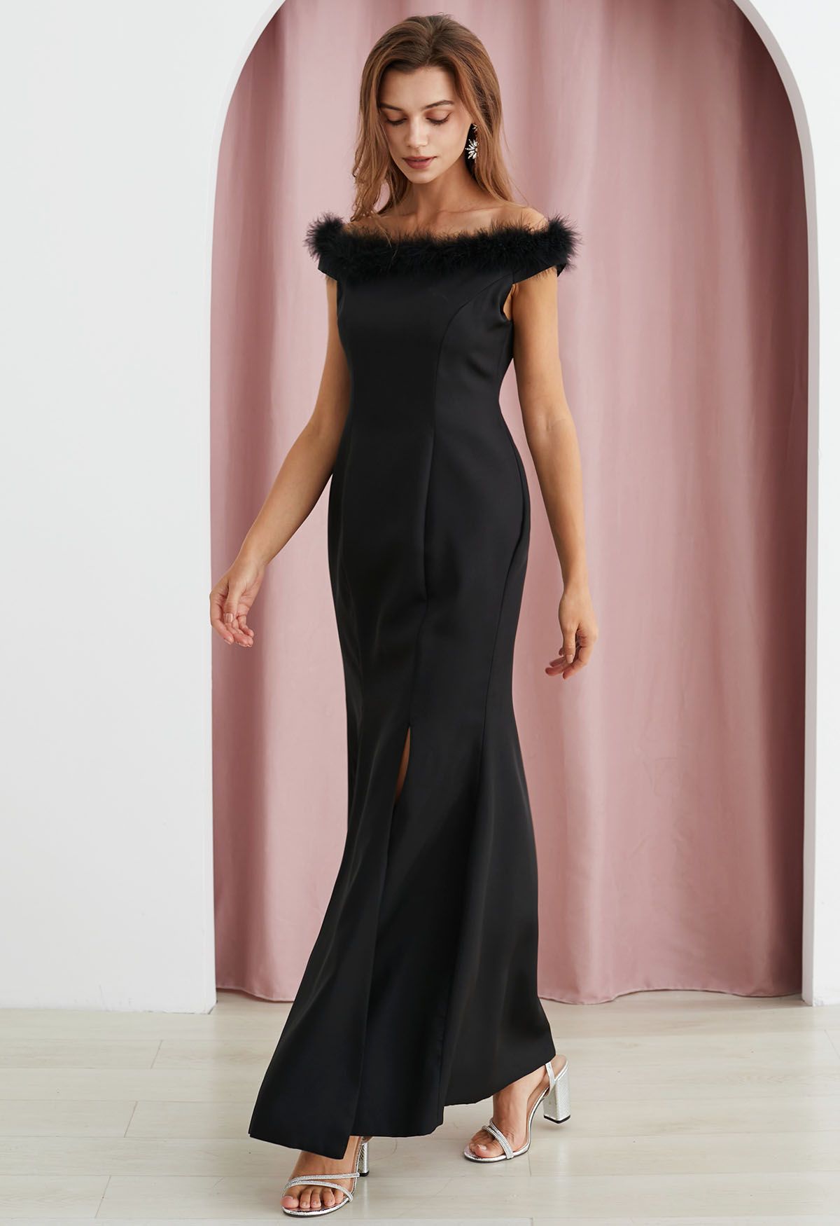 Feather Trim Neckline Slit Gown in Black