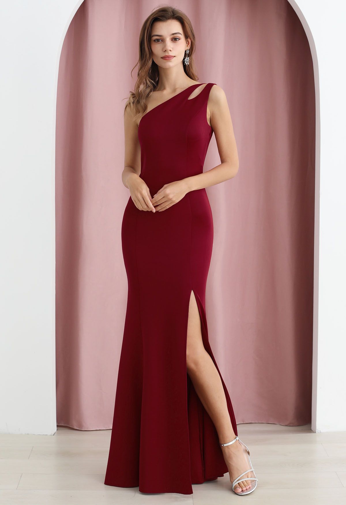 One-Shoulder Dual Strap Mermaid Gown in Burgundy