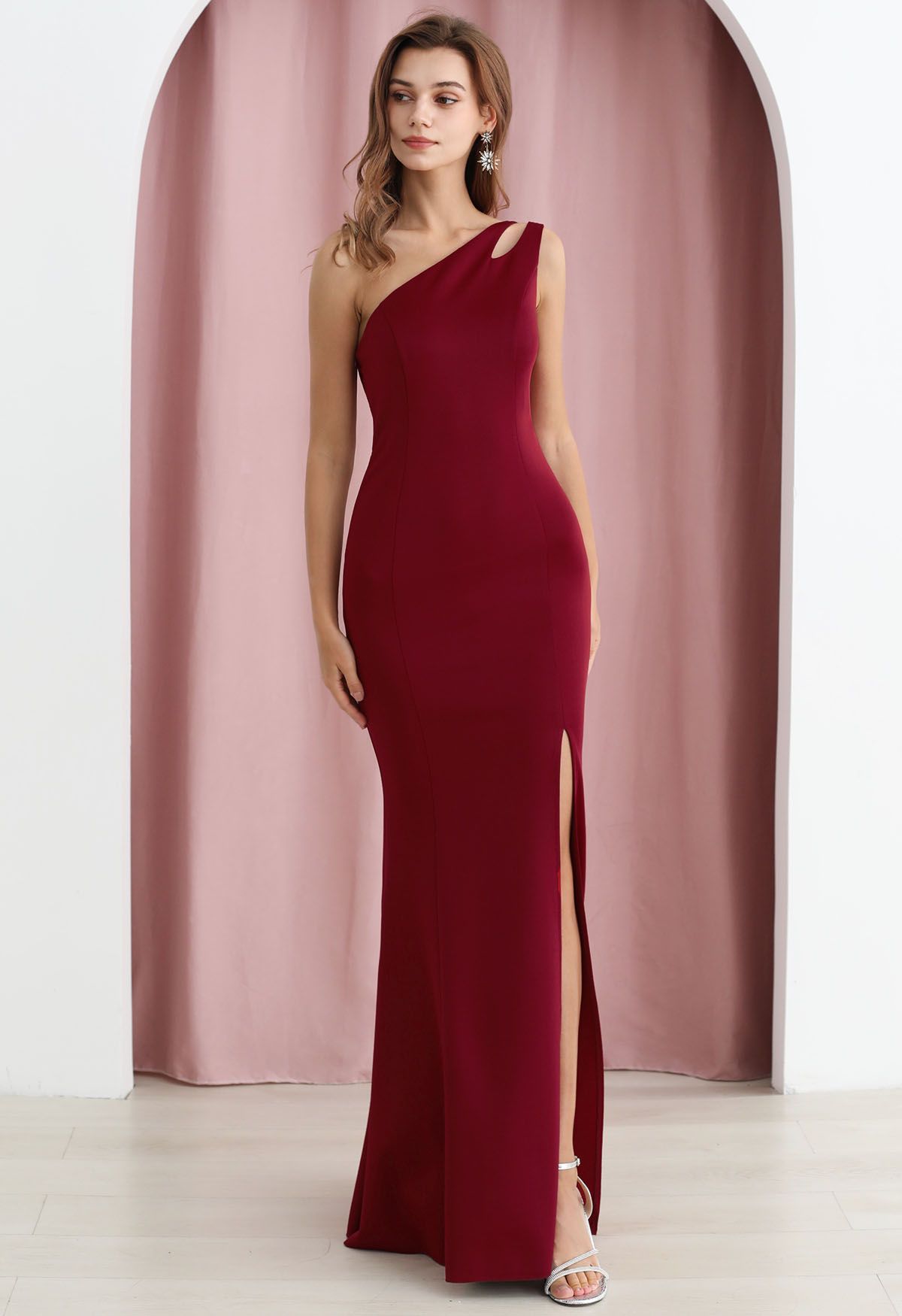 One-Shoulder Dual Strap Mermaid Gown in Burgundy