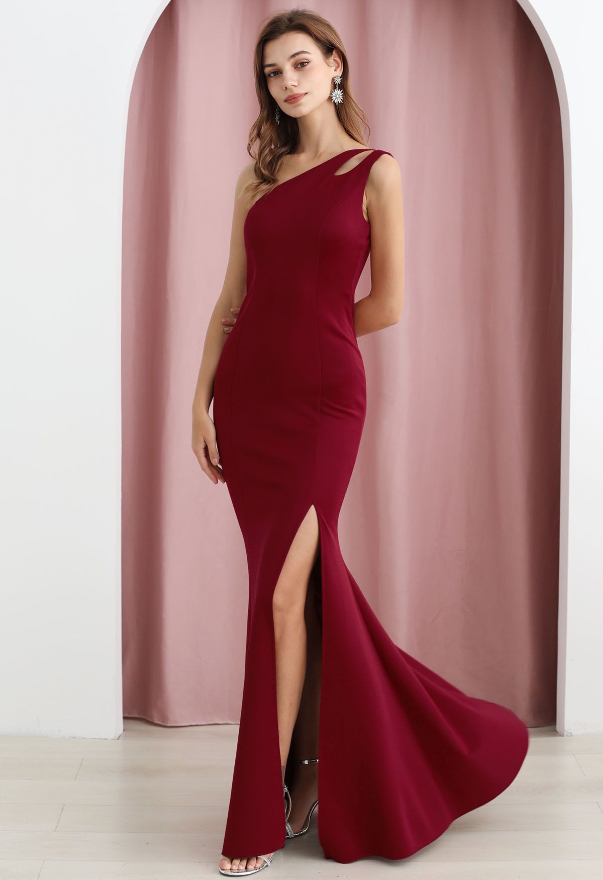 One-Shoulder Dual Strap Mermaid Gown in Burgundy