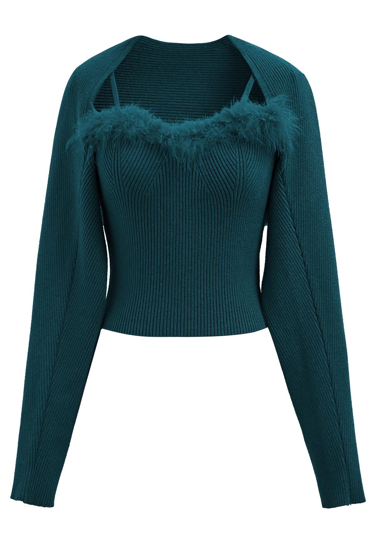 Feather Trim Cami Top and Sweater Sleeve Set in Teal