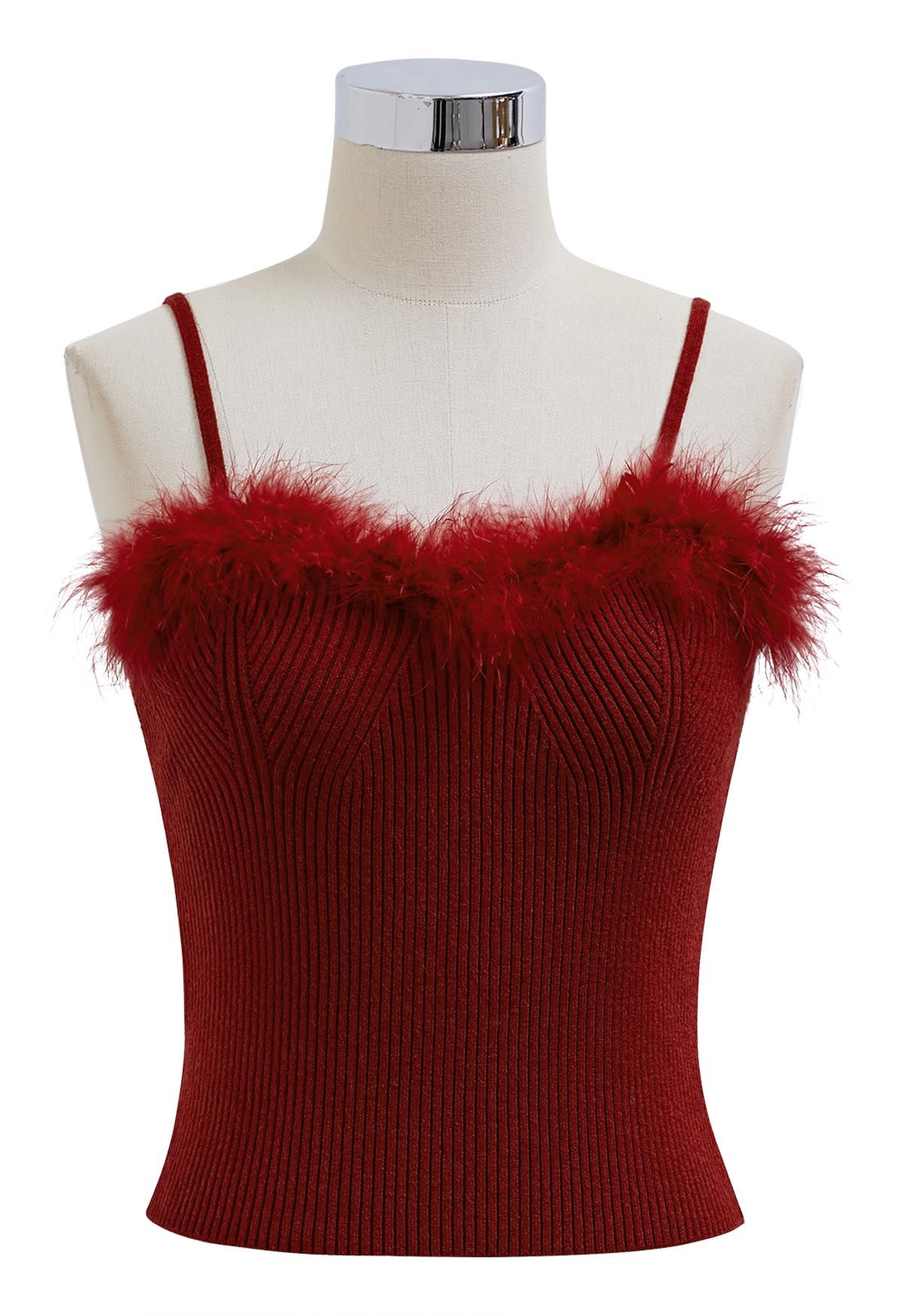 Feather Trim Cami Top and Sweater Sleeve Set in Burgundy