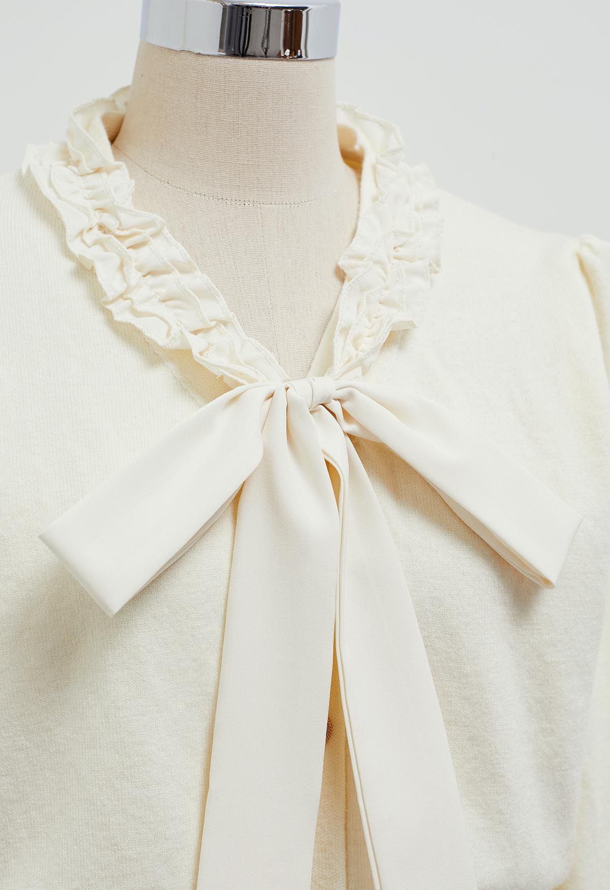 Ruffle Tie-Bow Wool-Blend Buttoned Top in Cream