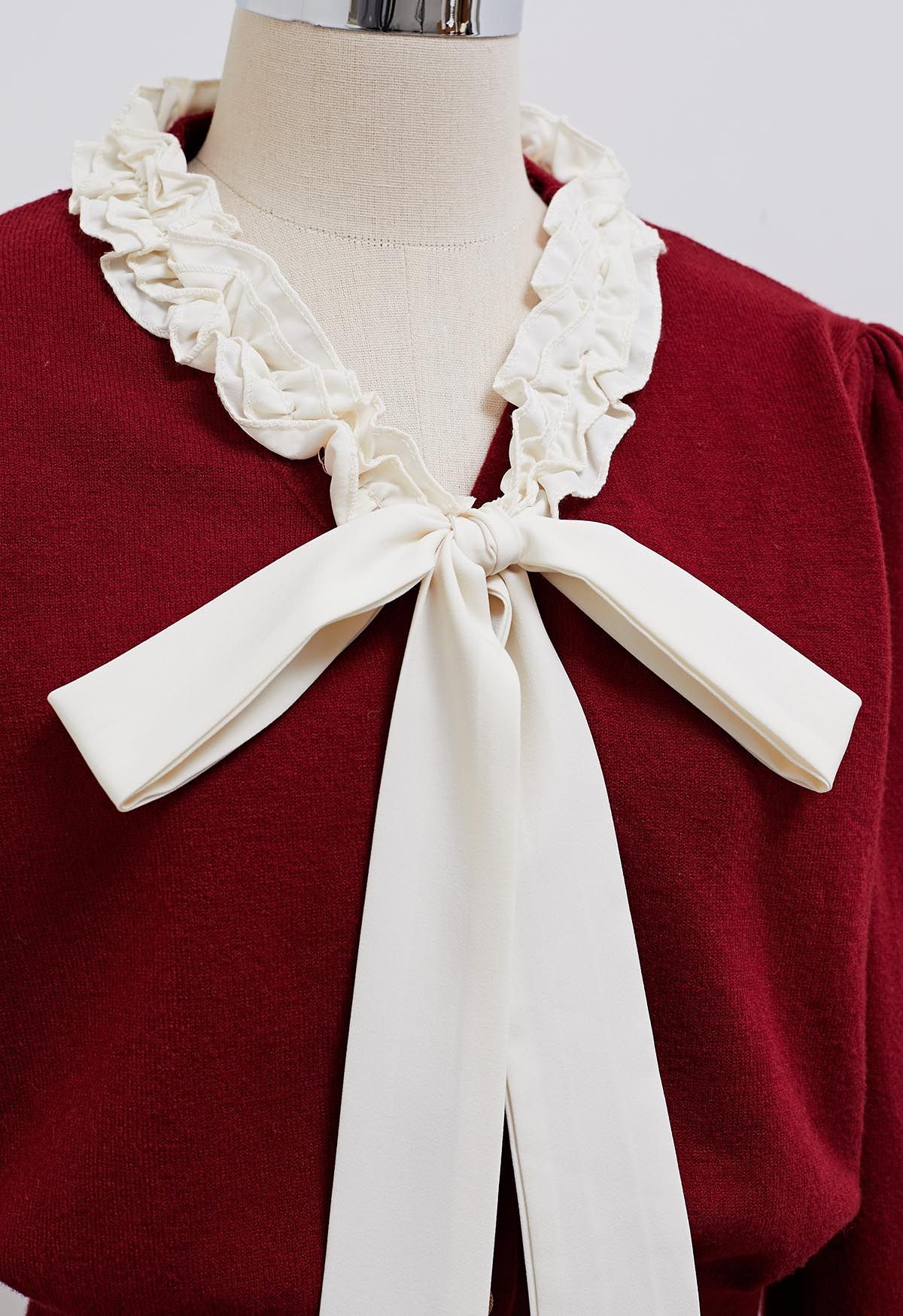 Ruffle Tie-Bow Wool-Blend Buttoned Top in Burgundy