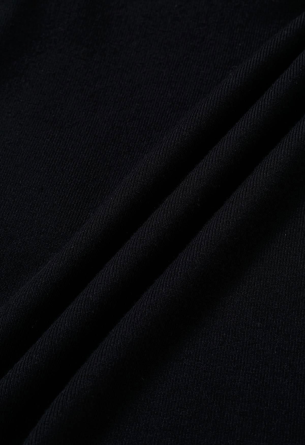 Gigot Sleeve Ribbon Adorned Knit Top in Black