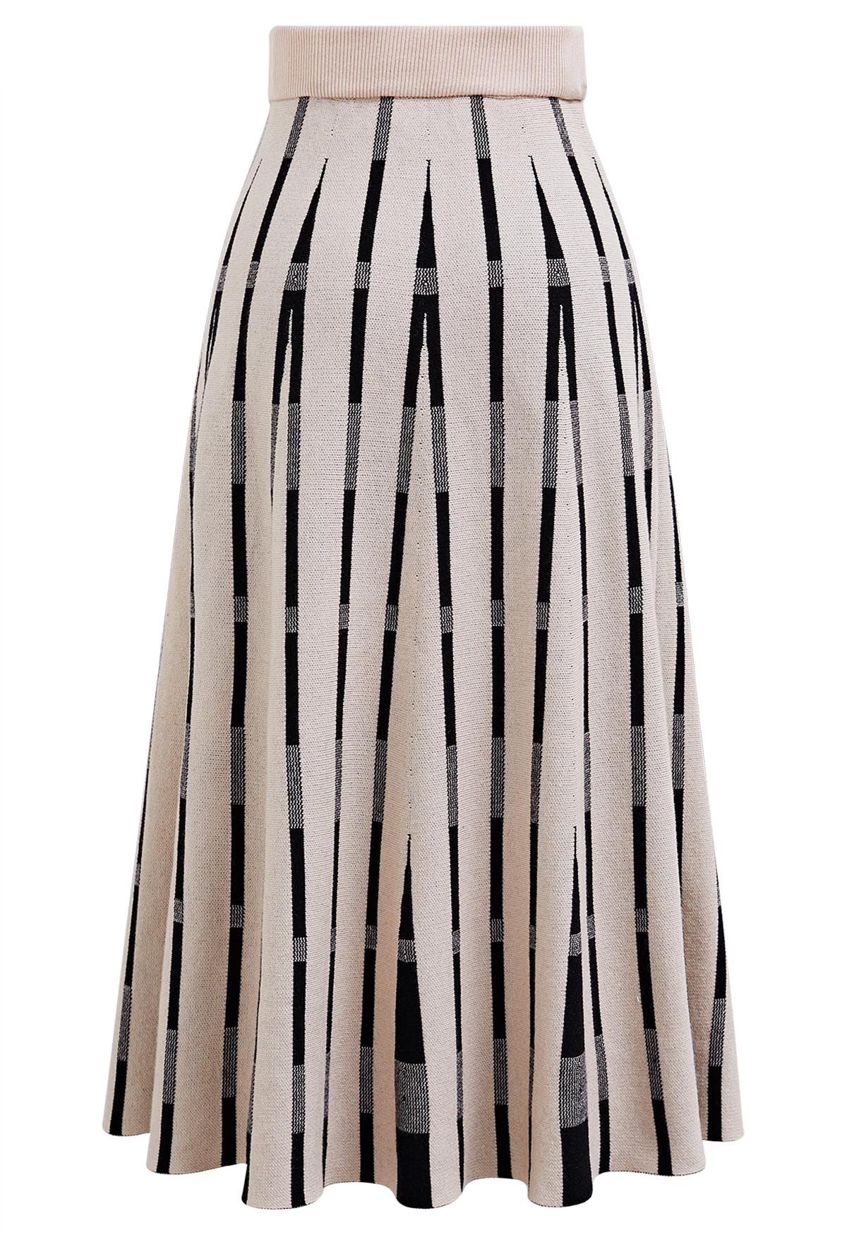 Trendsetting Striped Knit Midi Skirt in Sand