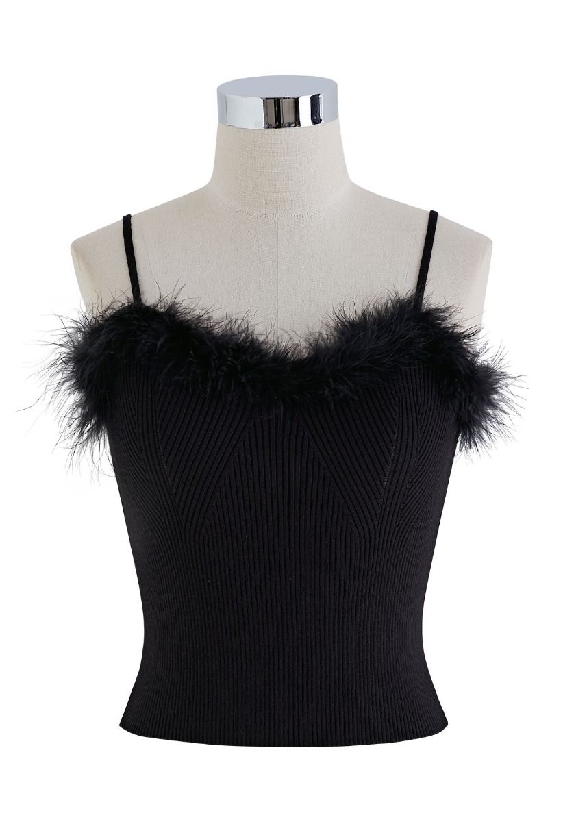 Feather Trim Cami Top and Sweater Sleeve Set in Black