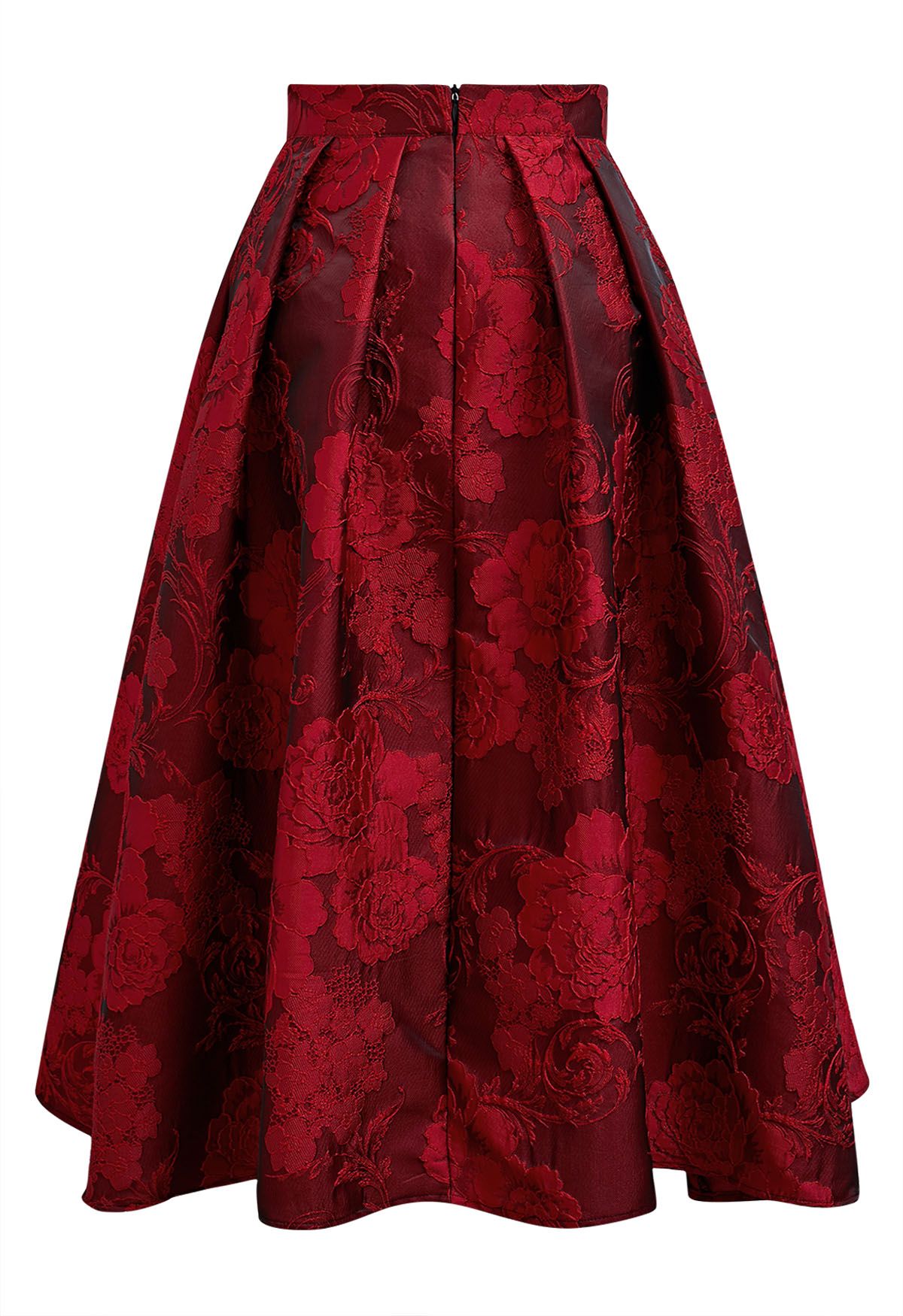 Blissful Red Floral Jacquard Pleated Midi Skirt