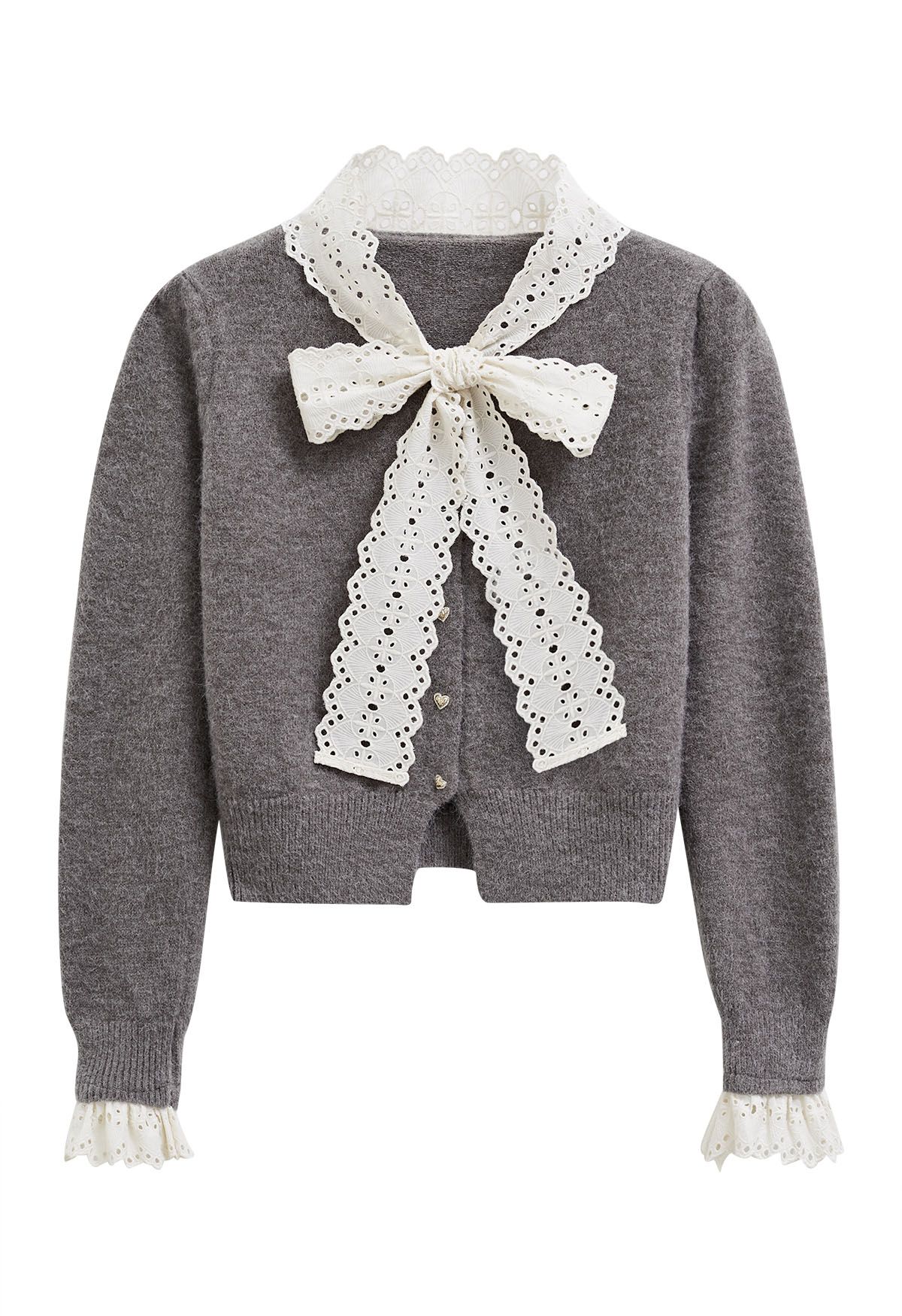 Embroidered Eyelet Bowknot Heart Button Fuzzy Knit Cardigan in Grey