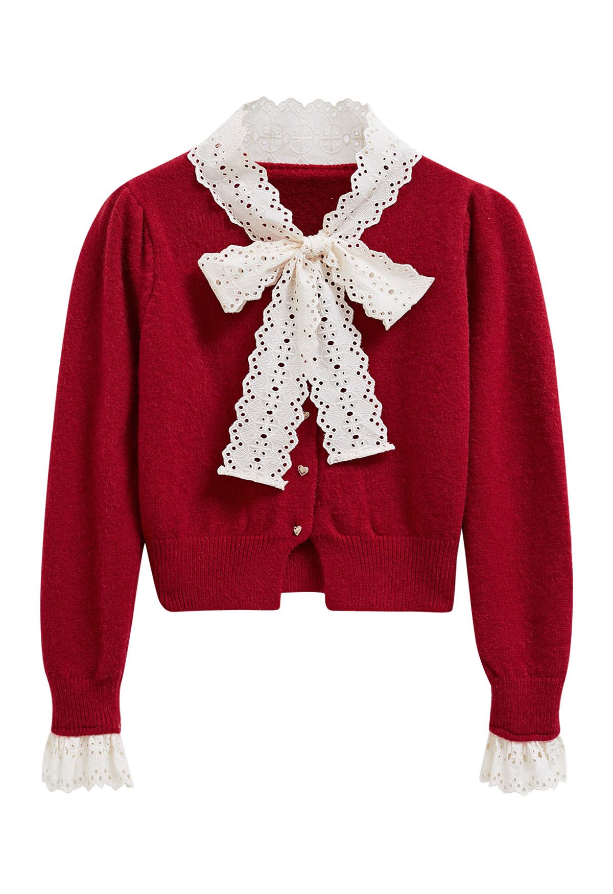 Embroidered Eyelet Bowknot Heart Button Fuzzy Knit Cardigan in Red