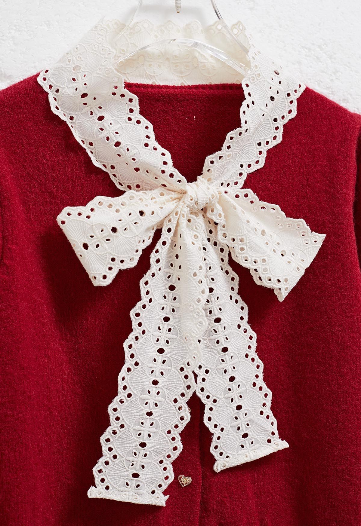 Embroidered Eyelet Bowknot Heart Button Fuzzy Knit Cardigan in Red