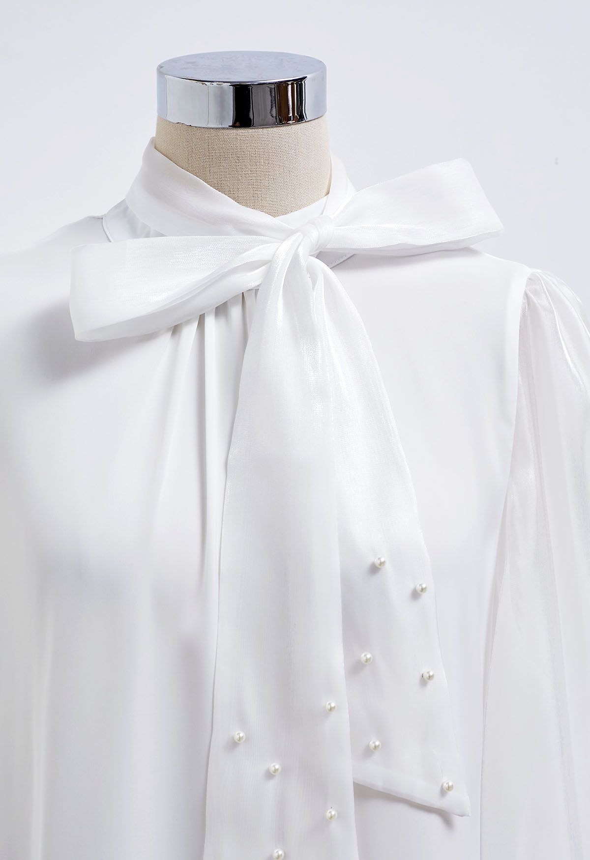 Pearly Bowknot Shiny Organza Spliced Top in White