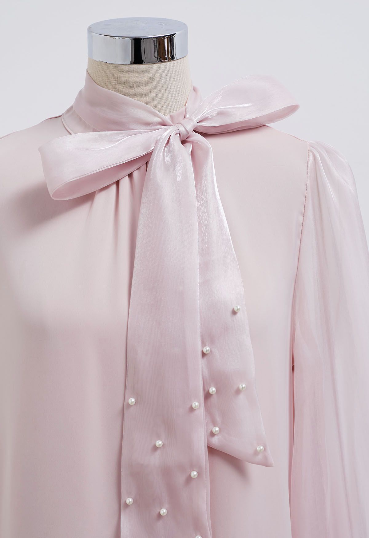 Pearly Bowknot Shiny Organza Spliced Top in Pink