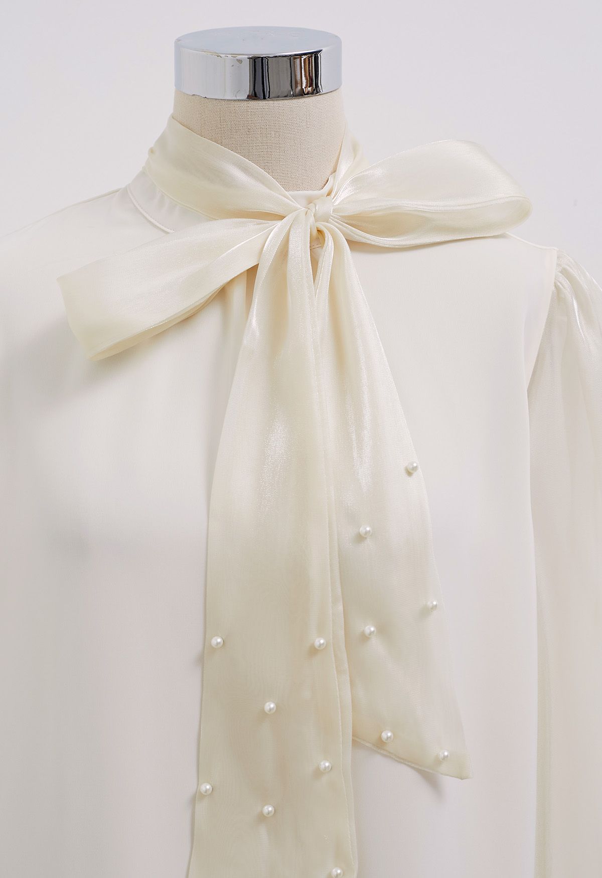 Pearly Bowknot Shiny Organza Spliced Top in Cream