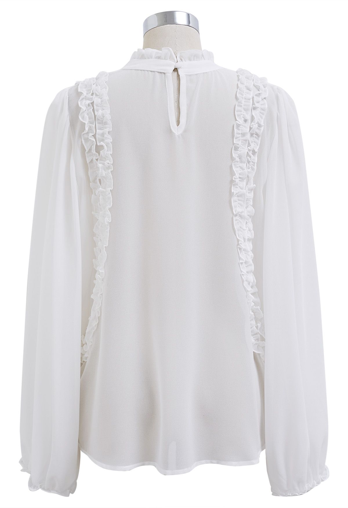 Ruffle Adorned Bubble Sleeves Chiffon Top in White