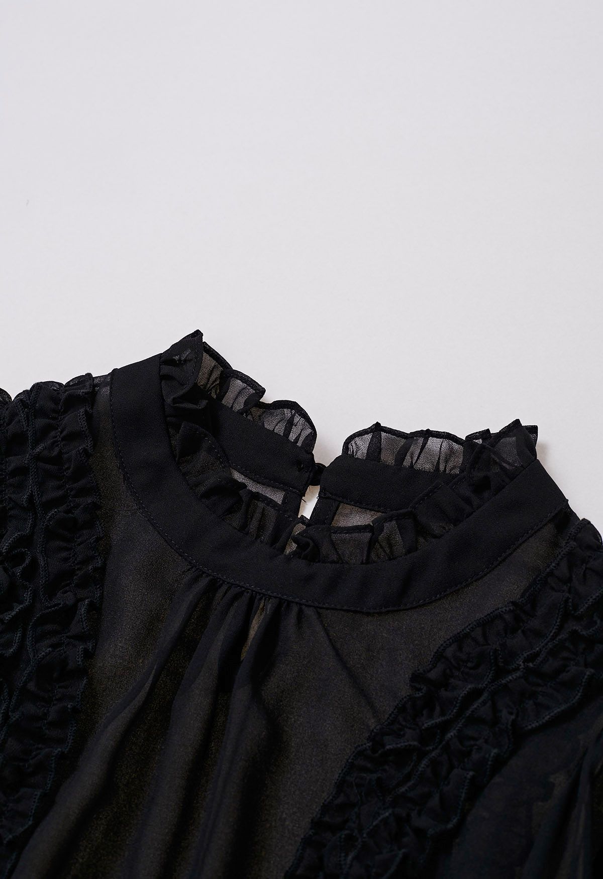 Ruffle Adorned Bubble Sleeves Chiffon Top in Black