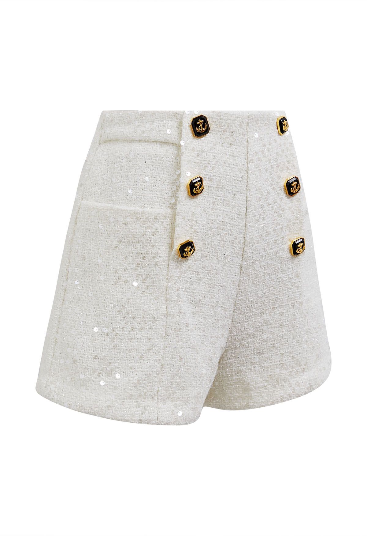 Button Decorated Sequined Tweed Shorts in White