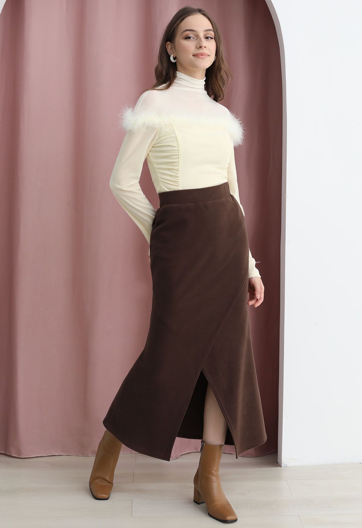 Elastic Waist Chunky Flap Mermaid Skirt in Brown