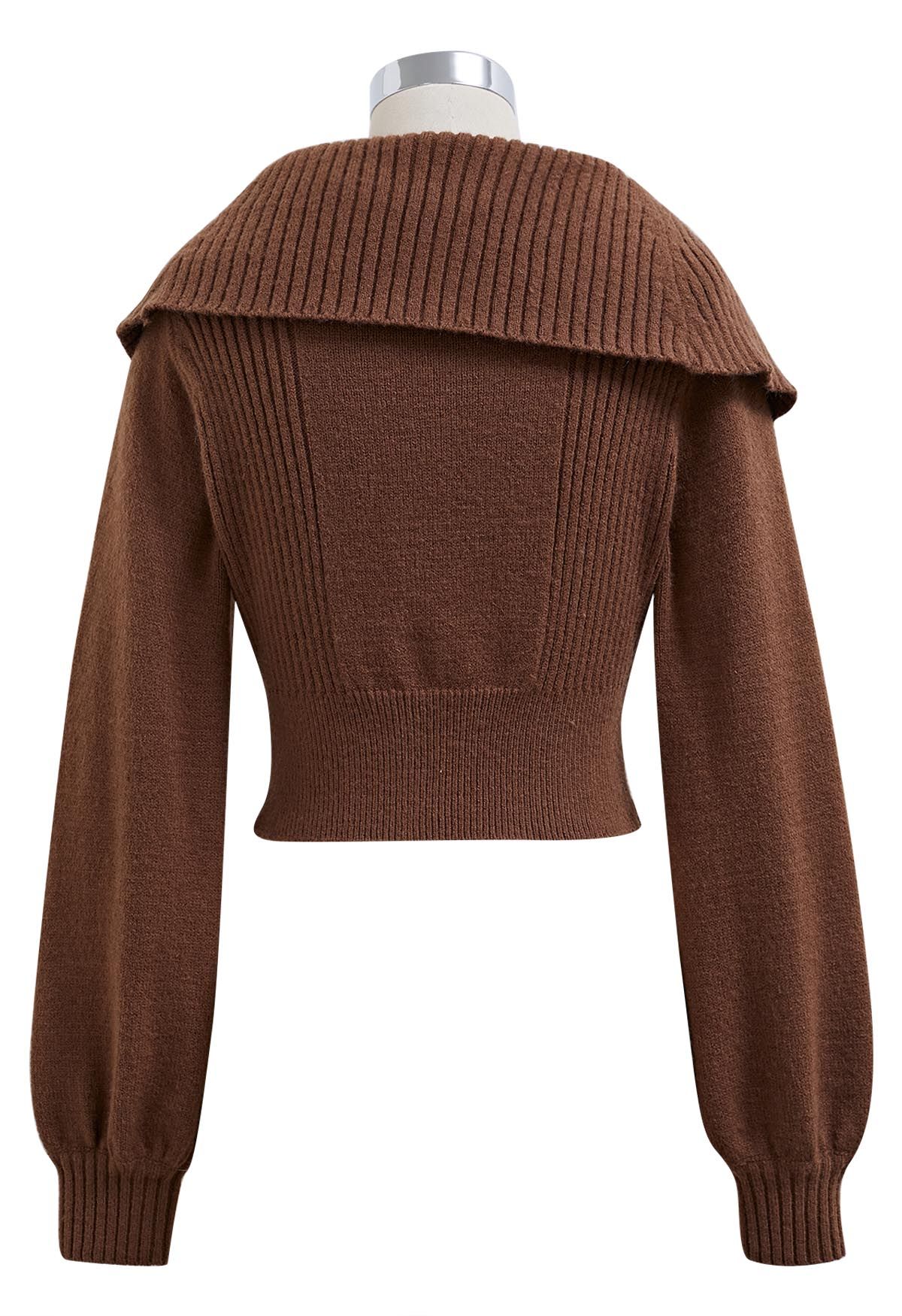 Flap Buttoned Collar Knit Crop Top in Brown