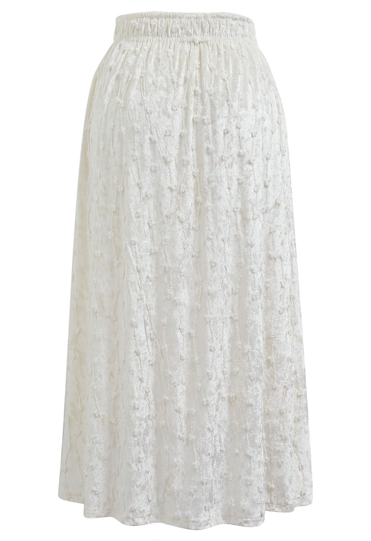 3D Floret Shimmer Fringe Velvet Midi Skirt in White