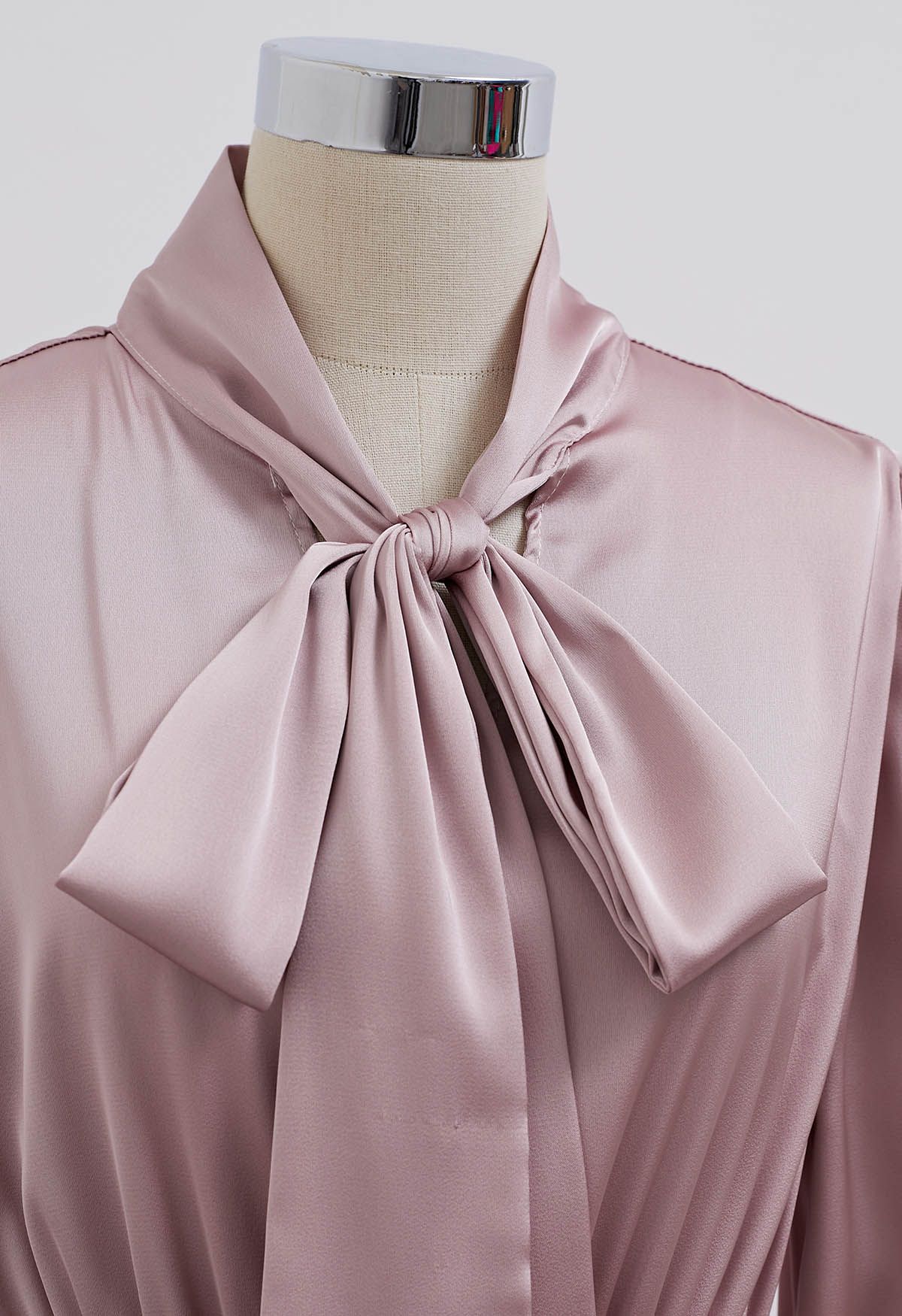 Bowknot Shirred Waist Satin Midi Dress in Pink