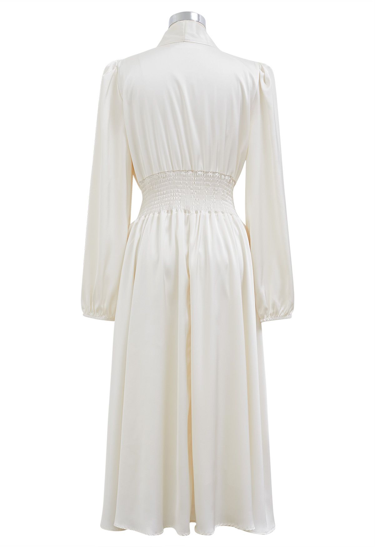 Bowknot Shirred Waist Satin Midi Dress in Ivory