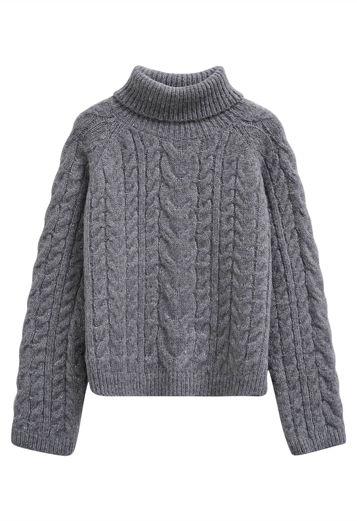 Turtleneck Sequin Cable Knit Sweater in Grey