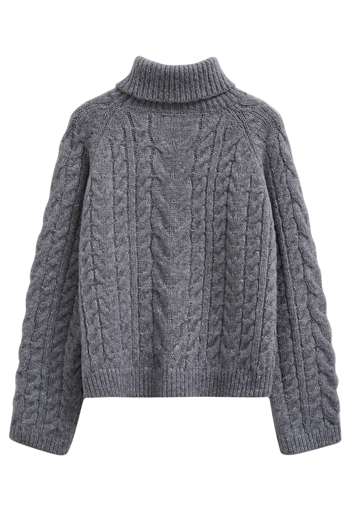 Turtleneck Sequin Cable Knit Sweater in Grey